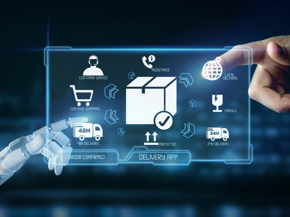 View of a Cyborg hand holding a  Logistic delivery application screen 3d rendering